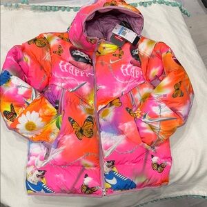Nike Pink Gradient Puffer Jacket with Butterfly & Daisy Print